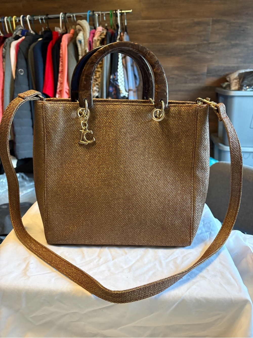Liz Claiborne Brown Woven shoulder bag with Dark Brown Handles